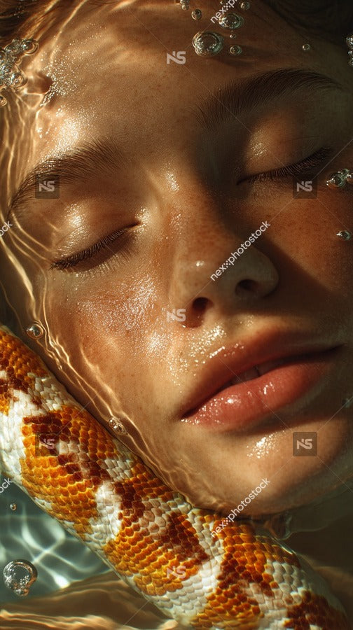 A Woman Submerged In Water With A Snake Wrapped Around Her Neck Gazes Into The Distance — Stock Photo