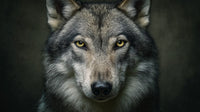 Close Up Portrait Of A Wolf S Face With Intense Gaze And Glowing Eyes Against Dark Background — Stock Photo