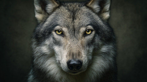 Close Up Portrait Of A Wolf S Face With Intense Gaze And Glowing Eyes Against Dark Background — Stock Photo