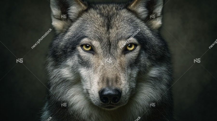 Close Up Portrait Of A Wolf S Face With Intense Gaze And Glowing Eyes Against Dark Background — Stock Photo