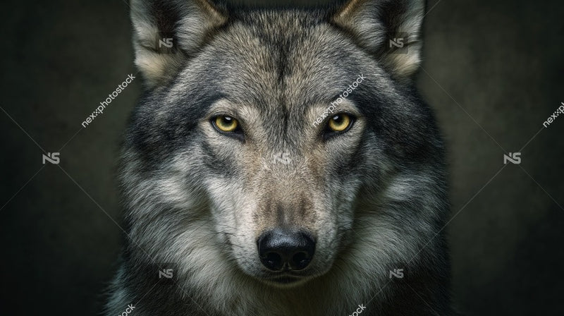 Close Up Portrait Of A Wolf S Face With Intense Gaze And Glowing Eyes Against Dark Background — Stock Photo