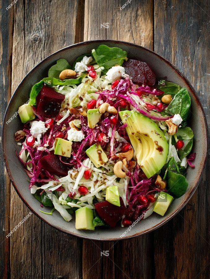A Bowl Of Salad Containing A Variety Of Vegetables Including Lettuce Avocado And Red Cabbage Is Placed On A Wooden Table — Stock Photo