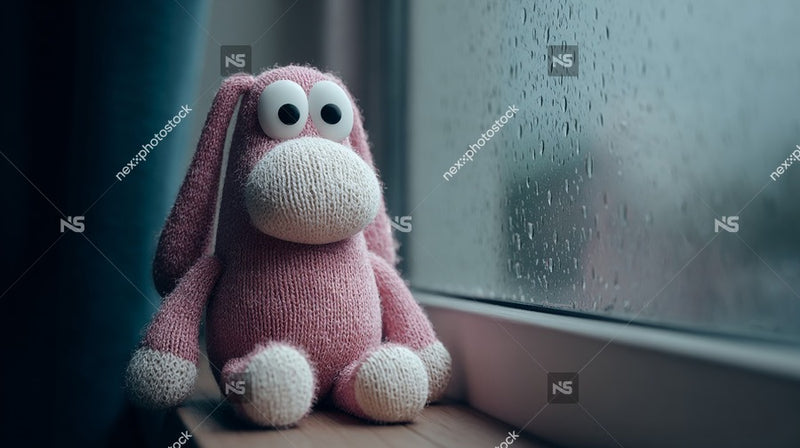 A Pink Stuffed Bunny Sits By A Window With Raindrops On It Looking Out Onto A Dark Street — Stock Photo