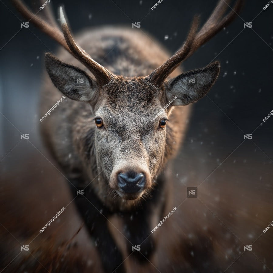 A Deer In A Forest During Winter With Snow Falling And A Blurred Background — Stock Photo