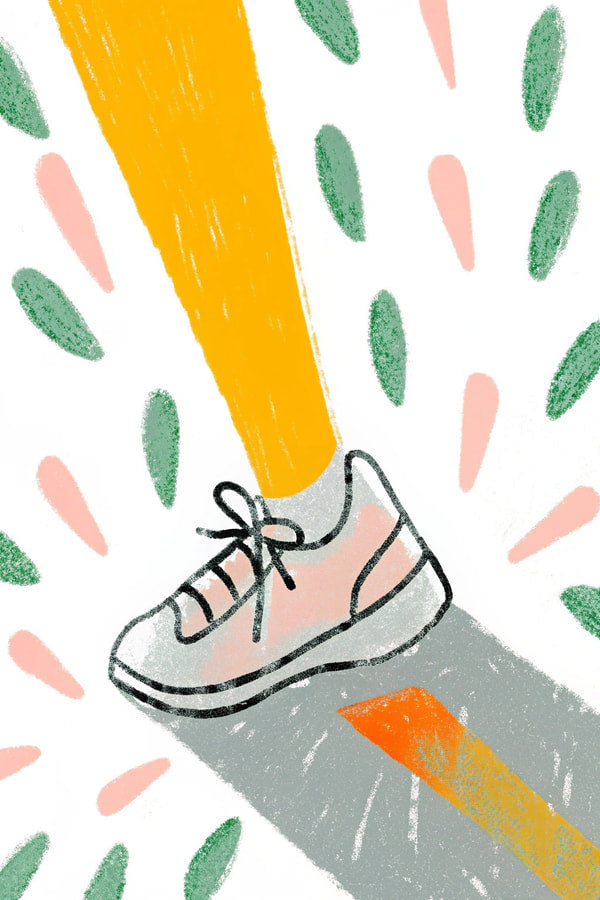 Hand Drawn Illustration Of A Person S Leg And Shoe In Motion Against A Colorful Background — Stock Illustration