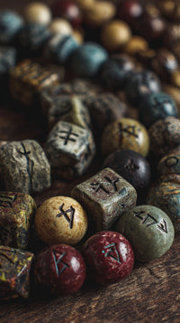 Displays A Collection Of Beads With Symbolic Markings Which Appear To Be Vintage In Style — Stock Photo