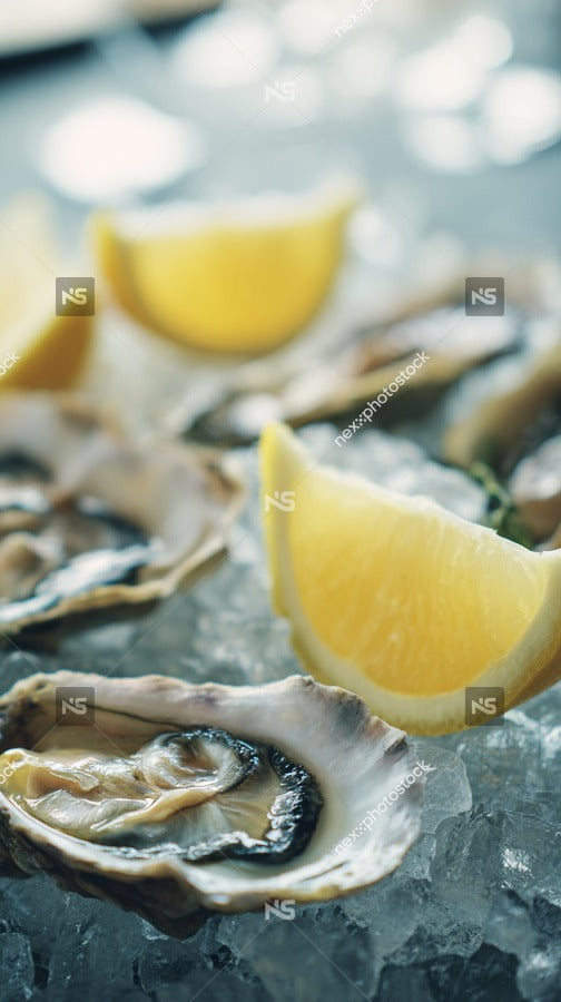 Displays A Close Up View Of A Plate Containing Several Oysters On Ice With Lemon Wedges Placed Among Them — Stock Photo