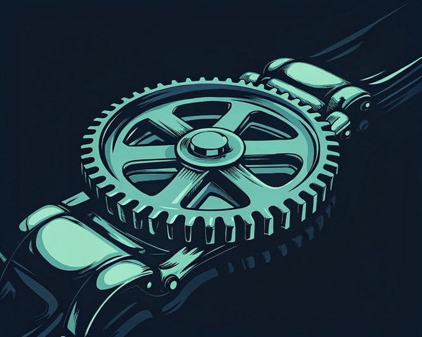 A Watch With A Blue Background And Gears As Its Design Set Against A Dark Backdrop — Stock Illustration