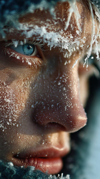 A Close Up Portrait Of A Woman With Snow On Her Face Looking Directly Into The Camera — Stock Photo