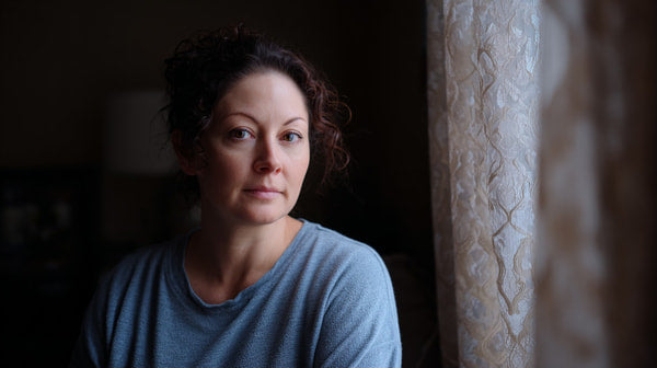 A Woman Posing For A Portrait With A Expression Captured In A Close Up Shot Against A Window Backdrop — Stock Photo