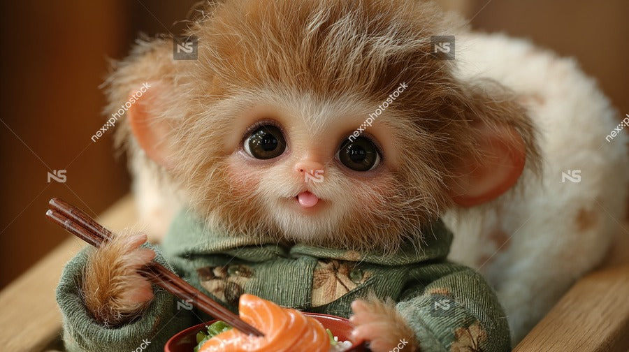 A Cute Monkey Holding Chopsticks And Eating From A Bowl Of Food Which Is Placed On A Wooden Table — Stock Photo