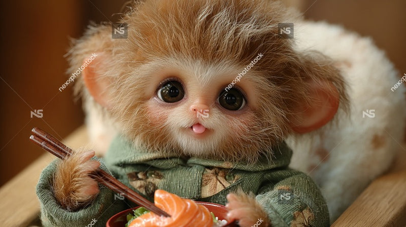 A Cute Monkey Holding Chopsticks And Eating From A Bowl Of Food Which Is Placed On A Wooden Table — Stock Photo