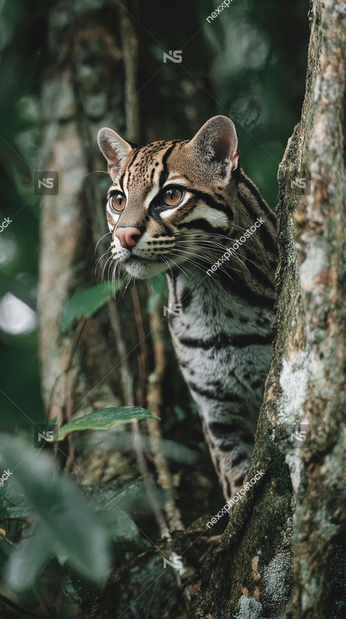 Jaguar Peering From Behind A Tree In A Jungle Setting — Stock Photo