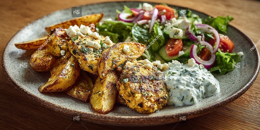 A Plate Of Grilled Chicken With Tzatziki Sauce And Salad Served On A Wooden Table — Stock Photo