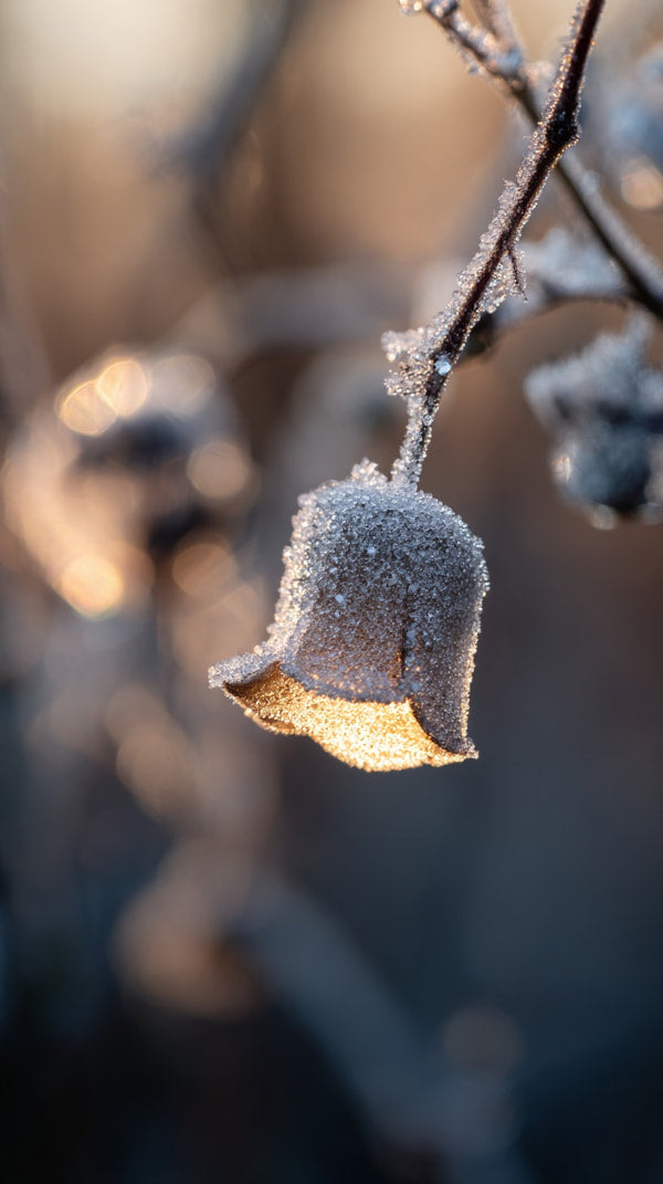 Frost Covered Branch With Ice Crystals Hanging From It Set Against A Blurred Background Of Trees And Sky — Stock Photo