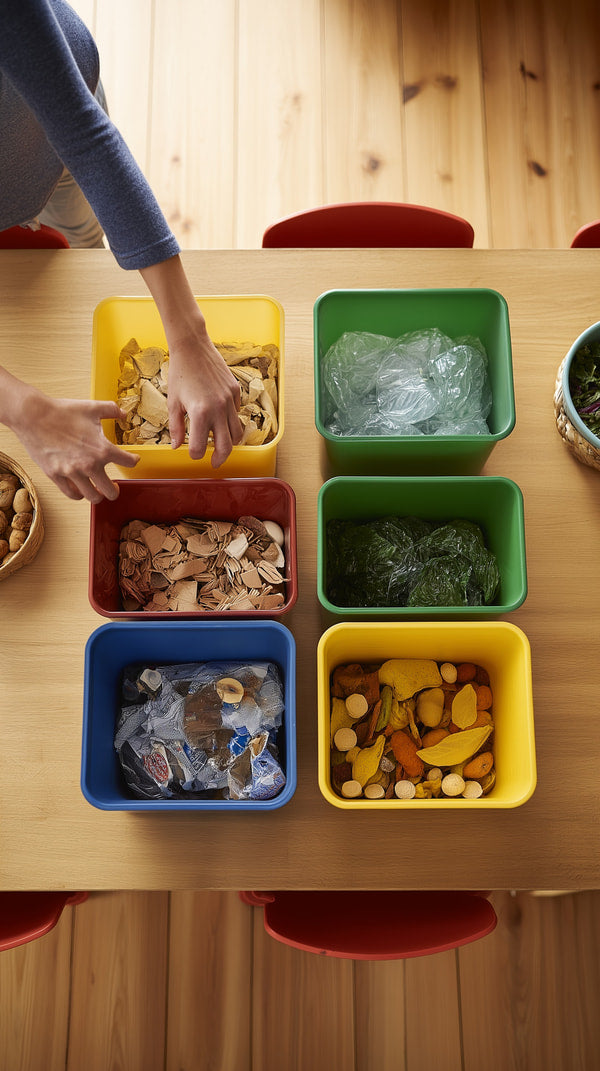 Shows A Table With Six Colorful Bins Filled With Various Items Including What To Be Food Waste And Other Recyclables — Stock Photo