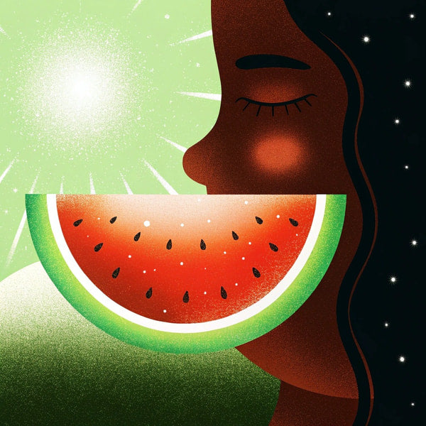 Illustration Of A Person S Face With A Slice Of Watermelon In Front Of It Set Against A Starry Sky Background — Stock Illustration