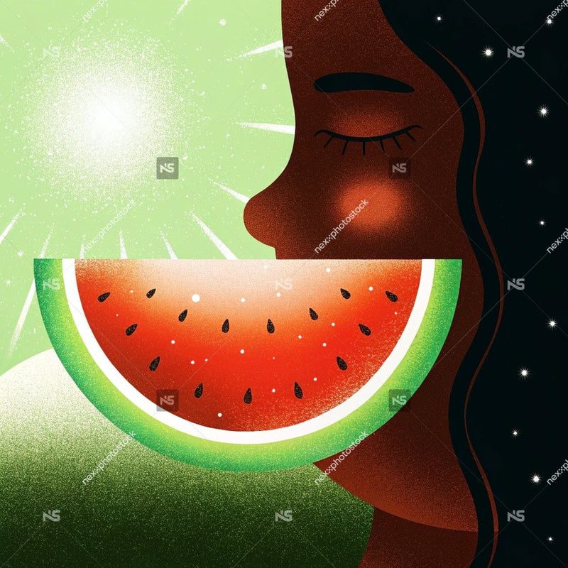 Illustration Of A Person S Face With A Slice Of Watermelon In Front Of It Set Against A Starry Sky Background — Stock Illustration