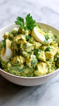Bowl Of Creamy Green Sauce Topped With Sliced Hard Boiled Eggs And Garnished With Parsley — Stock Photo