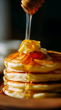 close up of a plate of pancakes with syrup and butter served on a wooden table - Stock Video