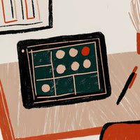 A Digital Tablet With A Dial Control Interface On A Desk Surrounded By Various Drawing Tools And Materials — Stock Illustration