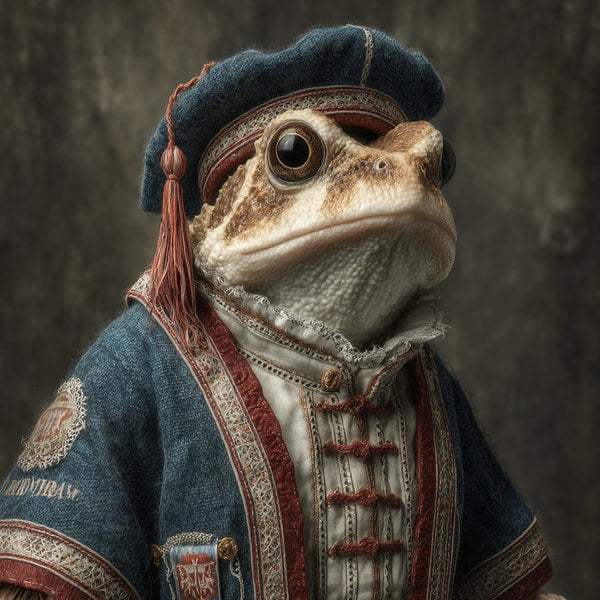A Frog Dressed In A Blue And White Outfit With A Cape Hat And Medallion Posing For A Portrait — Stock Photo