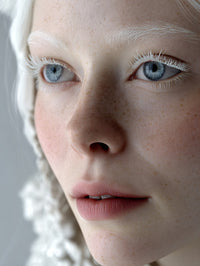 Woman With White Hair And Blue Eyes Wearing A White Headpiece Against A White Background — Stock Photo