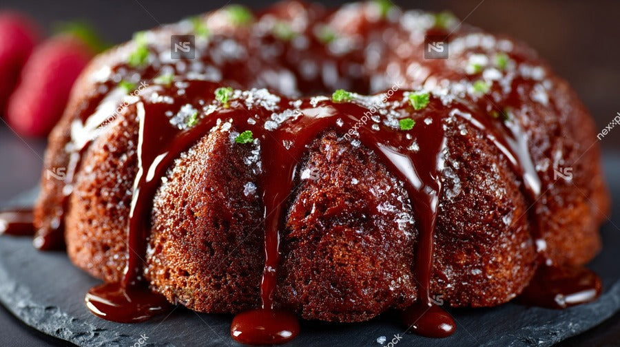 A Chocolate Cake With A Drizzle Of Chocolate Sauce On Top Placed On A Black Tray — Stock Photo