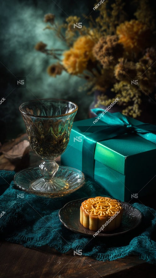 A Cozy Tea Time Scene With A Teacup And A Small Cake On A Table Set Against A Backdrop Of Dried Flowers — Stock Photo