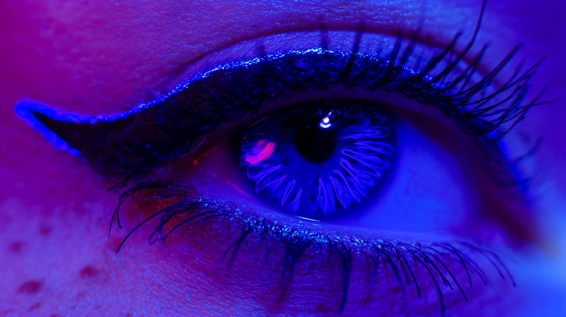close up of an eye with blue makeup showcasing the intricate details and vibrant color - Stock Video