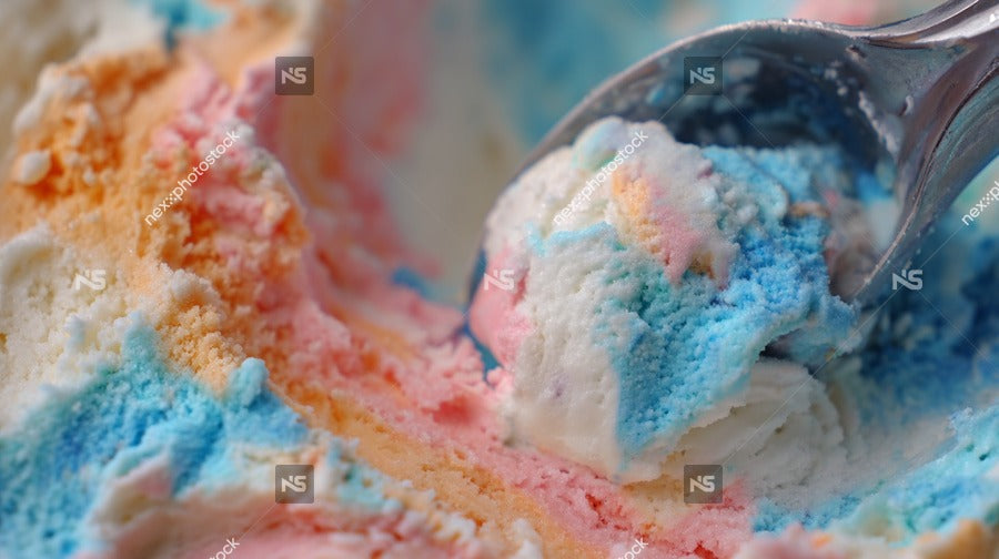 Colorful Ice Cream Scoop With A Spoon In It Set Against A Blue Background — Stock Photo