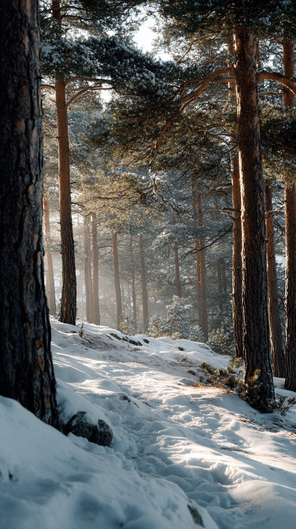 Snowy Forest Trail In Winter Tranquil Landscape Evergreen Trees Clear Sky Pine Needles Snow Covered Ground Hiking Path Serene Atmosphere — Stock Photo
