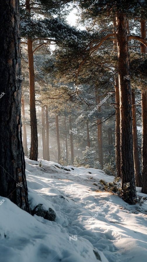 Snowy Forest Trail In Winter Tranquil Landscape Evergreen Trees Clear Sky Pine Needles Snow Covered Ground Hiking Path Serene Atmosphere — Stock Photo