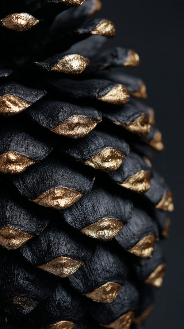 A Close Up Image Of A Black Pine Cone Adorned With Gold Foil Leaves Set Against A Dark Background — Stock Photo