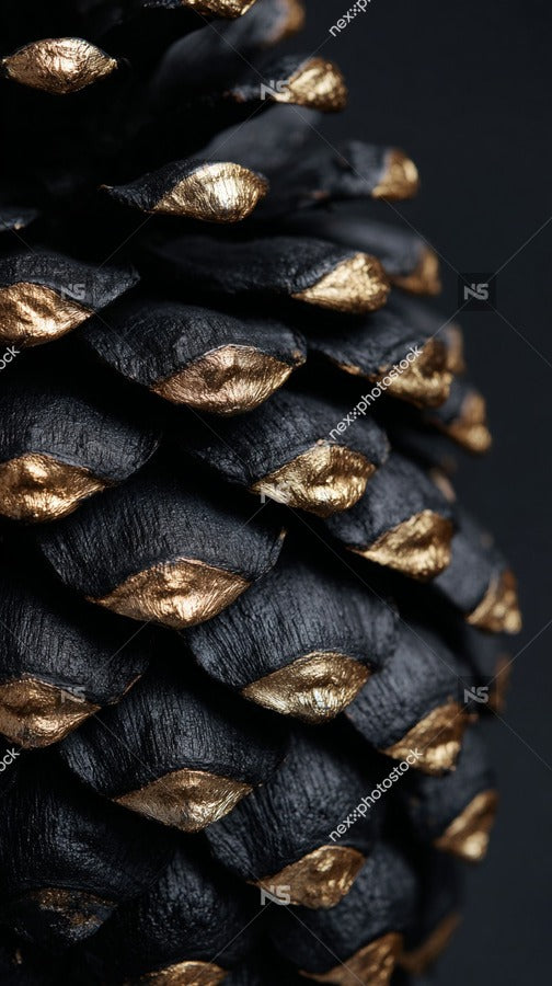 A Close Up Image Of A Black Pine Cone Adorned With Gold Foil Leaves Set Against A Dark Background — Stock Photo