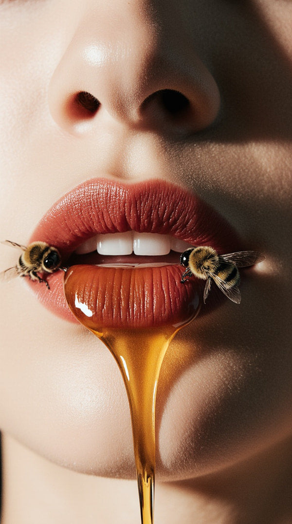 A Close Up Image Of A Person S Lips With Honey Dripping From Them Set Against A Blurred Background — Stock Photo