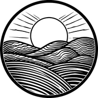 Sunset Silhouette Artwork A Stylized Sun And Waves With A Circular Frame And A Mountainous Horizon Line — Stock Vector
