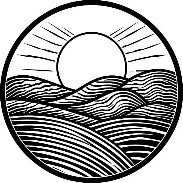 Sunset Silhouette Artwork A Stylized Sun And Waves With A Circular Frame And A Mountainous Horizon Line — Stock Vector