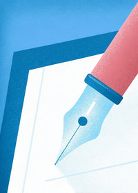 Shows A Close Up Of A Hand Holding A Red Pen Over A Blue Piece Of Paper With A White Sheet Underneath Suggesting — Stock Illustration