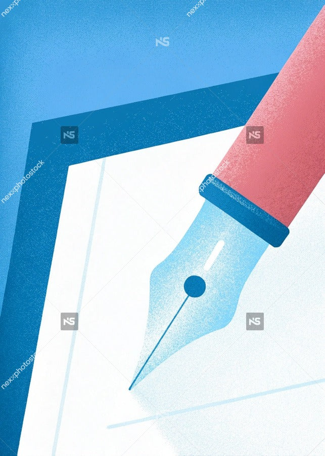Shows A Close Up Of A Hand Holding A Red Pen Over A Blue Piece Of Paper With A White Sheet Underneath Suggesting — Stock Illustration