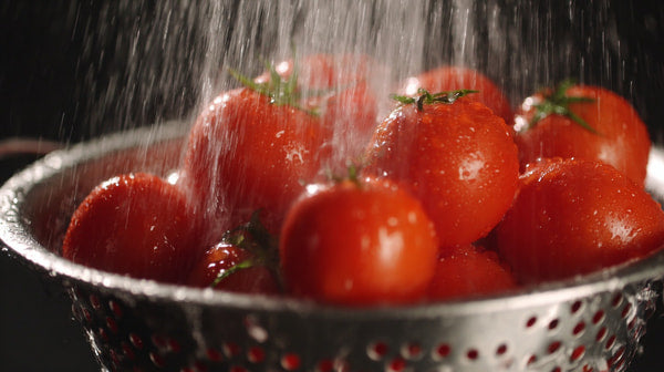 A Bowl Of Fresh Tomatoes With Water Droplets Falling From Above Captured In A Close Up Shot Against A Black Background — Stock Photo