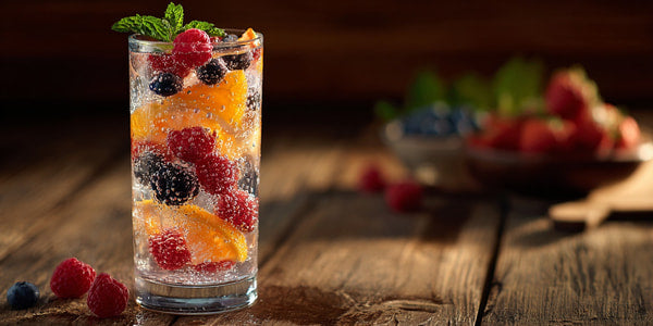 A Refreshing Raspberry Mint Gin Fizz Garnished With Fresh Berries Served In A Tall Glass On A Wooden Table — Stock Photo