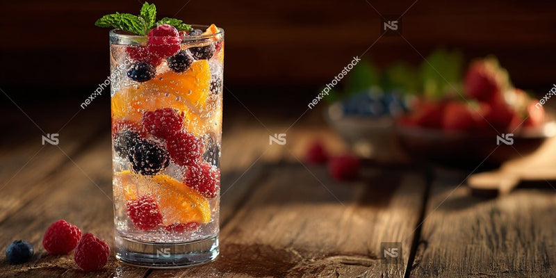 A Refreshing Raspberry Mint Gin Fizz Garnished With Fresh Berries Served In A Tall Glass On A Wooden Table — Stock Photo