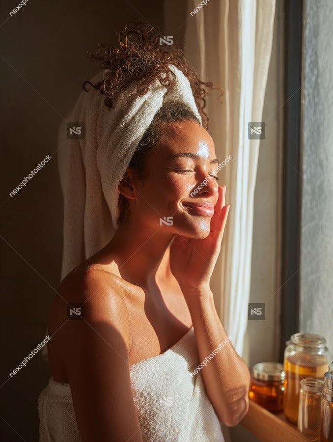 A Woman In A Bathroom Closing Her Eyes And Massaging Her Face With Her Hands After A Shower Skincare Routine — Stock Photo