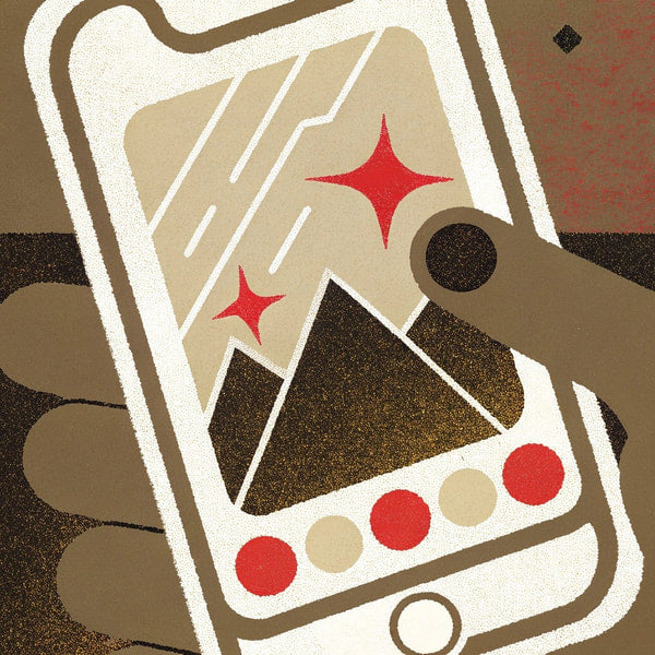 A Person S Hand Holding A Smartphone With An Image Of An Egyptian Pyramid On Its Screen — Stock Illustration