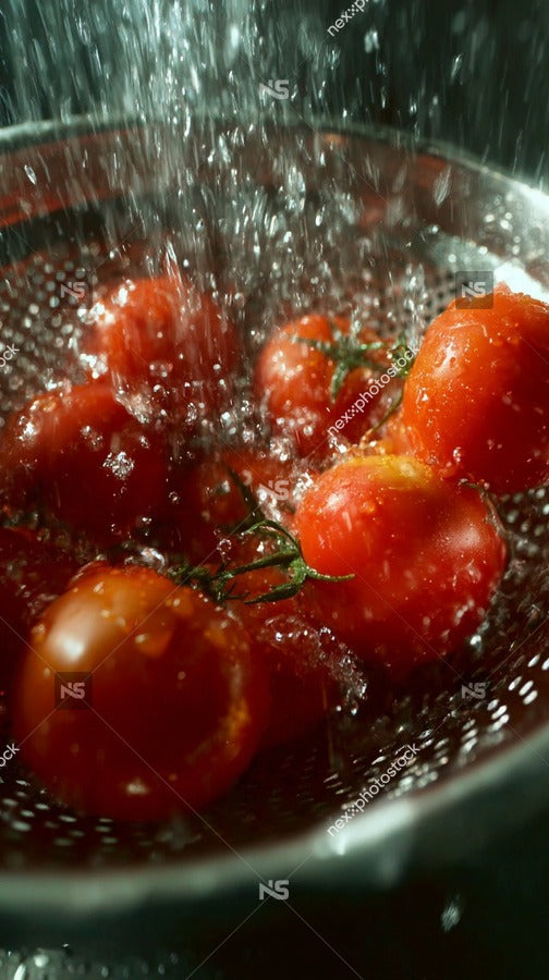 Shows A Close Up View Of A Metal Bowl Filled With Cherry Tomatoes Being Washed Under A Stream Of Water — Stock Photo