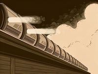Black And White Illustration Of A Train Traveling Down The Tracks At Night With Smoke Coming From Its Engine — Stock Illustration