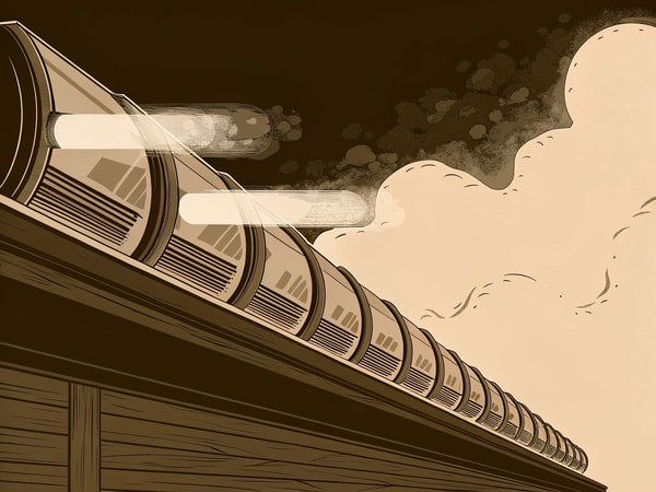 Black And White Illustration Of A Train Traveling Down The Tracks At Night With Smoke Coming From Its Engine — Stock Illustration