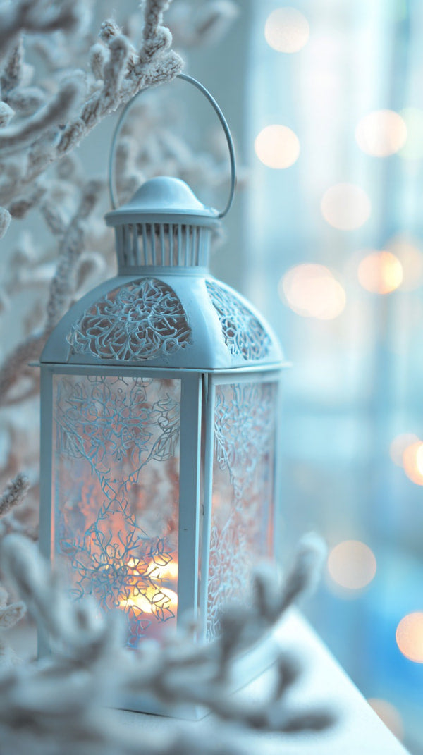 Blue Lantern With White Light Inside Placed On A Surface In Front Of A String Of Lights And A Christmas Tree — Stock Photo
