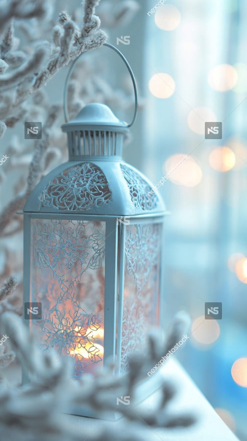 Blue Lantern With White Light Inside Placed On A Surface In Front Of A String Of Lights And A Christmas Tree — Stock Photo